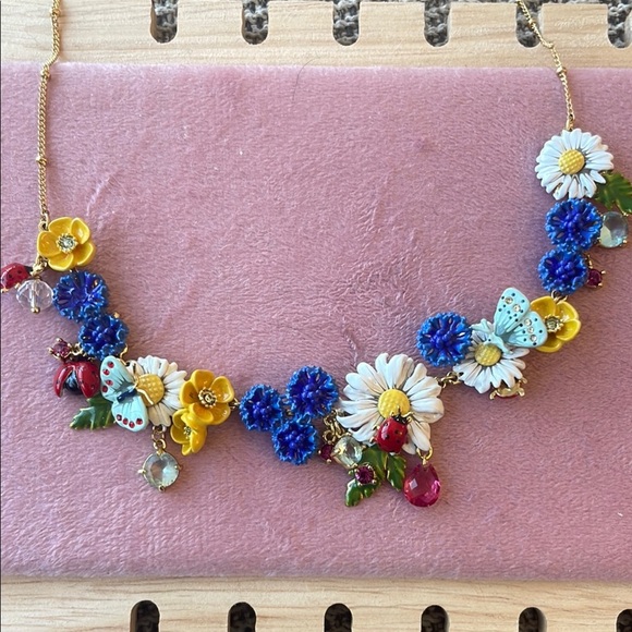 Jewelry - LES NEREIDES Blue and Yellow Floral Necklace with Crocheted Flowers